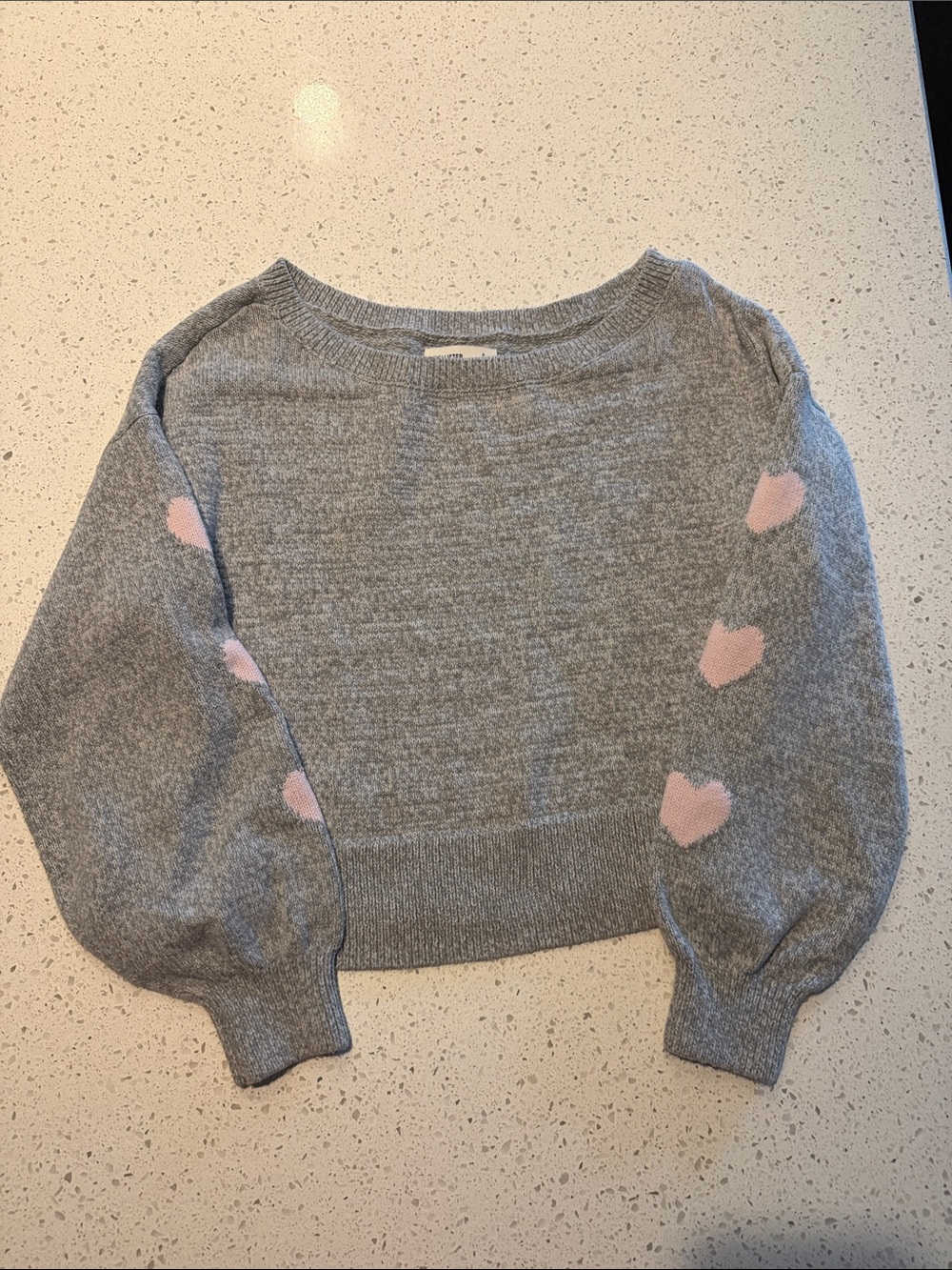 Hollister Gray Crewneck Sweater with Pink Heart Sleeve Accents
